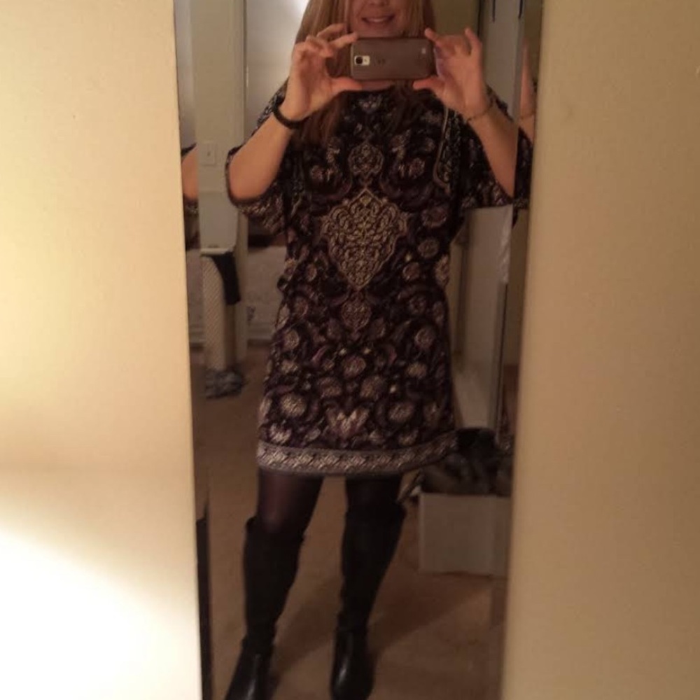 Studio M Elaborate Purple Floral Tie-back Loose Sleeve Dress Size M Smocked - Picture 3 of 16